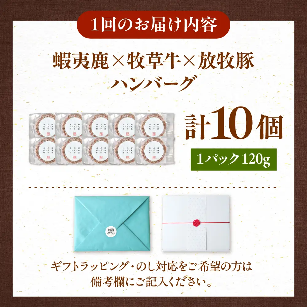 【全3回定期便】【蝦夷鹿×牧草牛×放牧豚】ハンバーグ 10個  鹿肉 牛肉 豚肉 小分け 冷凍 北海道 [AXBP031]