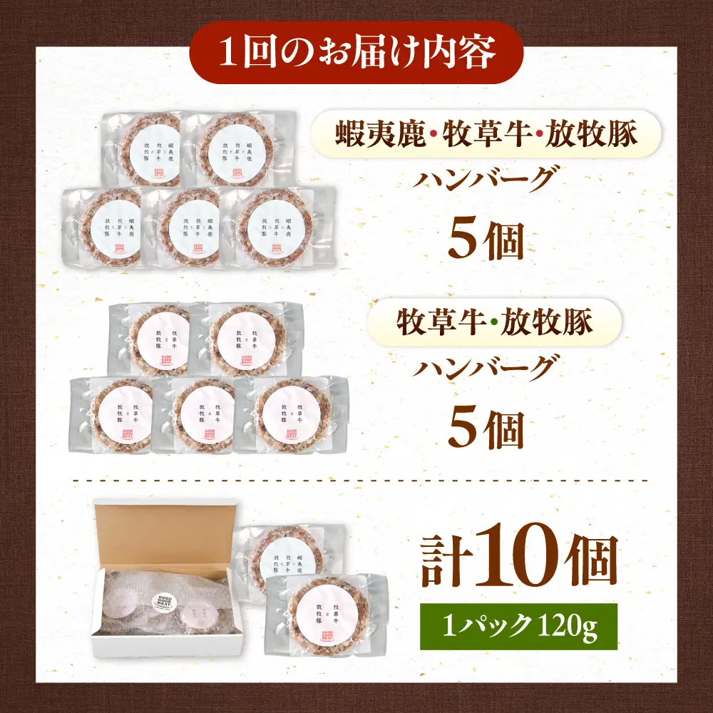 【全3回定期便】ハンバーグ 食べ比べ 10個セット（蝦夷鹿/牧草牛/放牧豚）  鹿肉 牛肉 豚肉 セット 食べ比べ 小分け 冷凍 北海道 [AXBP047]