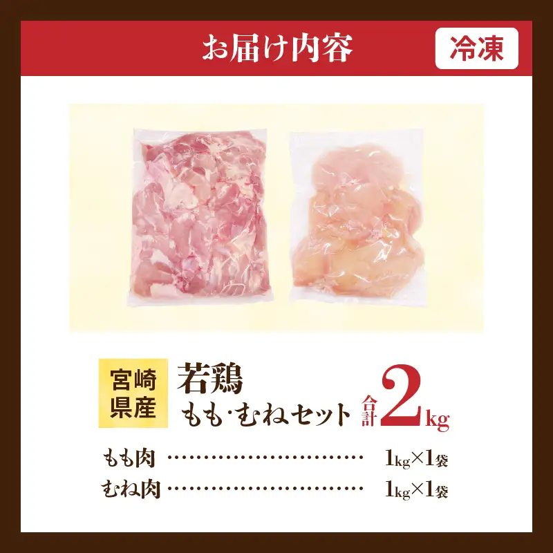 宮崎県産 若鶏 もも むね セット 合計2kg 肉 鶏肉 とり 鳥 国産 真空パック おすすめ 人気 詰め合わせ おかず お弁当 唐揚げ 照り焼き 蒸し鶏 チキンサラダ 棒棒鶏 ギフト 贈り物 贈答 お祝い 記念日 パーティー 日南市 送料無料_CA73-25