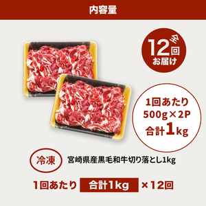 【12回定期便】宮崎県産 黒毛和牛 贅沢切落し1kg(500ｇ×2P×12回)_K16_T016_1