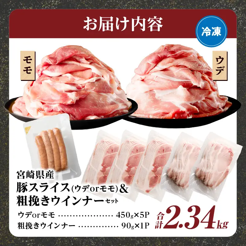 ≪訳あり≫宮崎県産豚スライス(ウデorモモ)&粗挽きウインナーセット合計2.34kg 肉 豚 豚肉 おかず 国産_T030-2066
