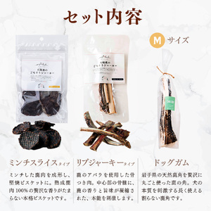 【中型犬用】鹿肉おやつ・鹿角3点セット [オイシクテ](スライスジャーキー20g、リブジャーキー20g、鹿の角ドッグガムMサイズ）無添加（国産鹿を贅沢に熟成)岩手県産鹿肉100% 犬 いぬ おもちゃ 歯磨き 歯みがき デンタルケア 鹿角 おやつ 鹿肉 ジビエ 高たんぱく 低脂質 ヘルシー ダイエット ペットフード ドッグフード