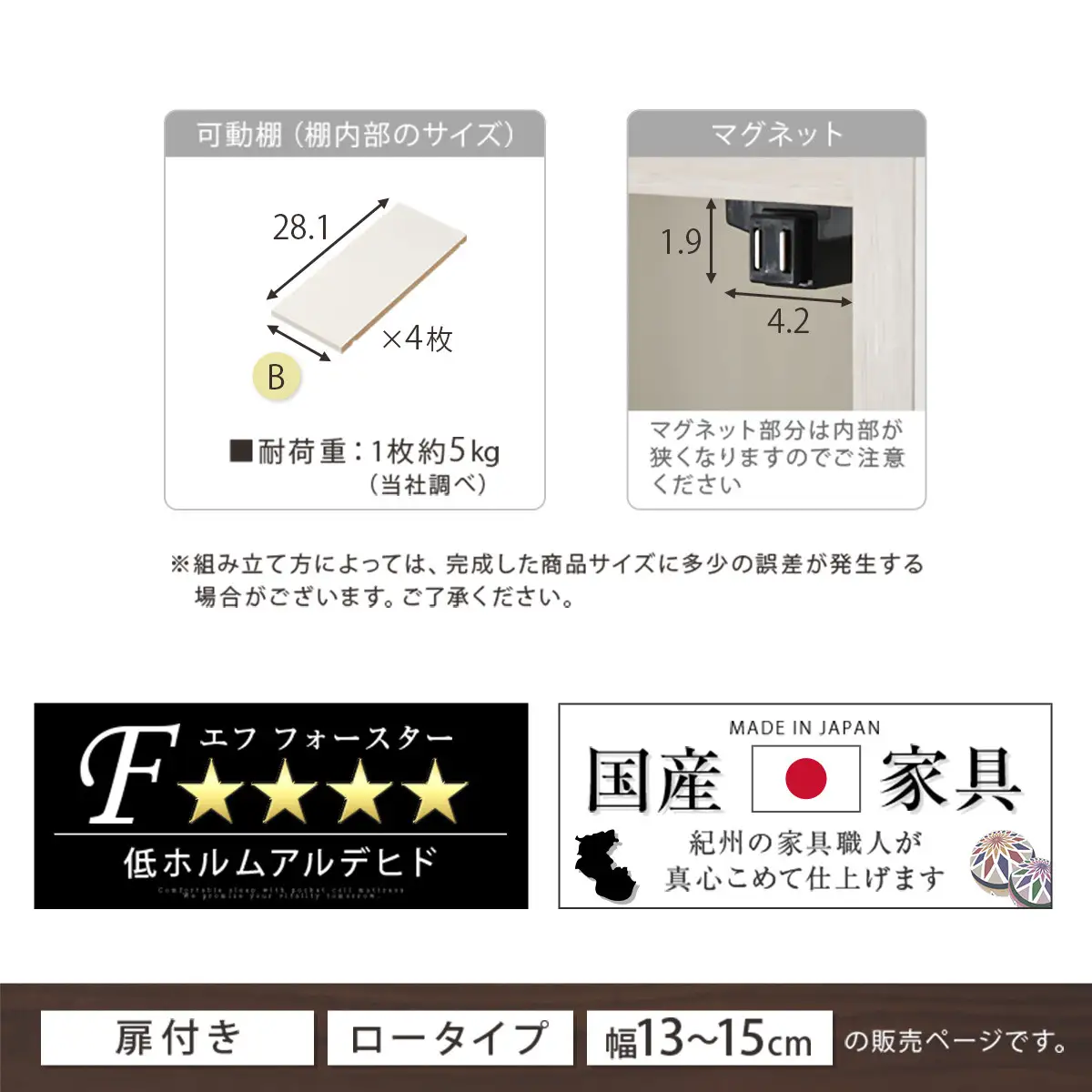 【国産家具】オーダーすき間ラック〔幅15cm・扉付き・ロータイプ〕（ホワイト）すき間ラック 収納棚 扉付き スリム 約 奥行30 高さ90 ロータイプ オーダーラック キッチン 洗面所 ラック 薄型 木製 オーダー 棚 扉付 5段 隙間収納 ABE400079-15-WH