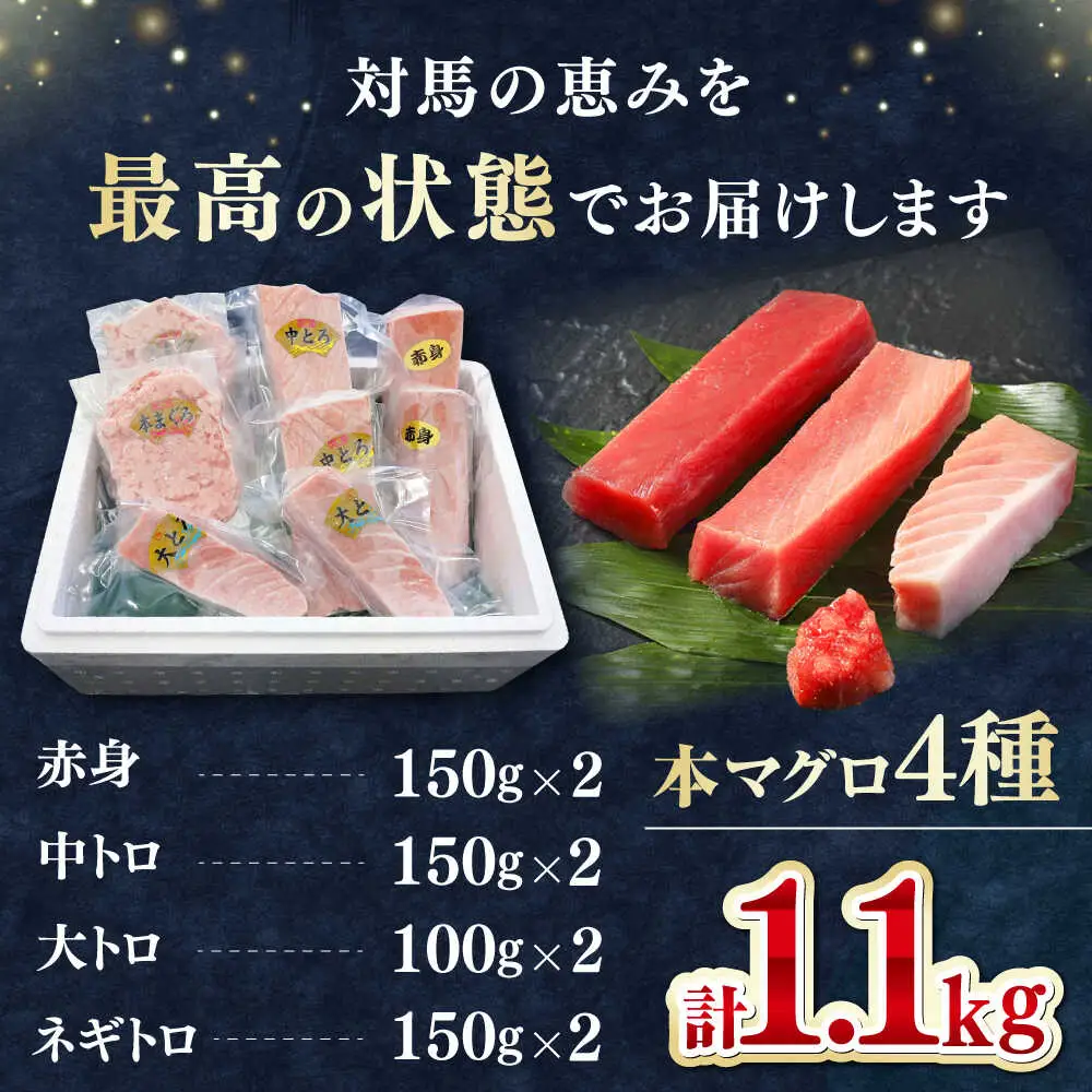 【1週間以内発送】対馬産 本マグロ 4種 計1.1kg（赤身/中トロ/大トロ/ネギトロ）[WAH028] マグロ トロ 中トロ スピード発送 最速発送 最短発送