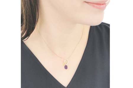 ペンダント ネックレス K18YG イエローゴールド 0.18ct ダイヤモンド アメジスト 大粒 オーバル 誕生石 華やか ハート 大ぶり 【f274-am-k18yg】