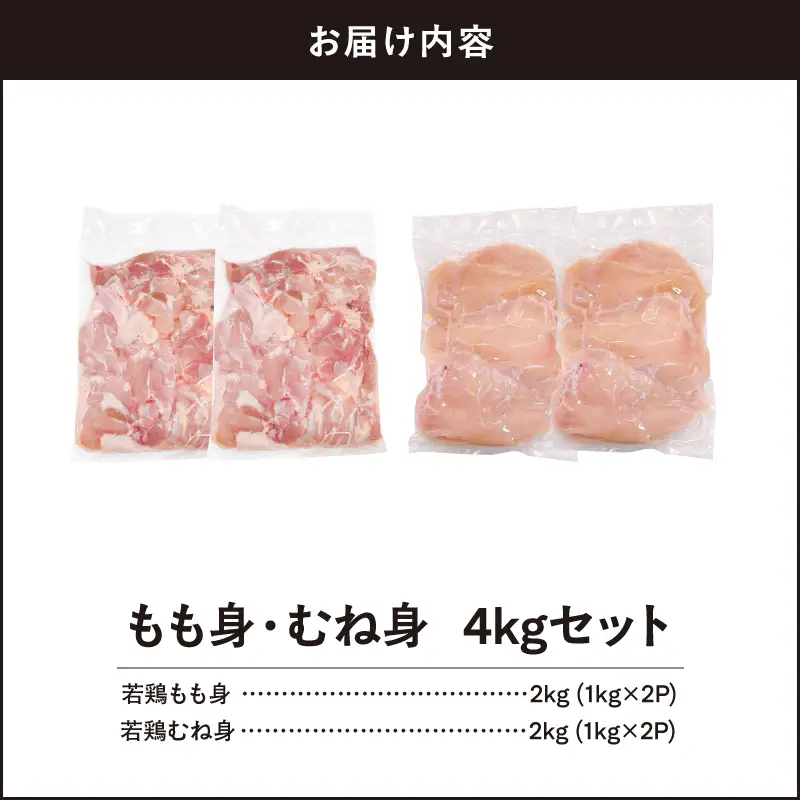 鹿児島県産 若鶏 もも身 ・ むね身 4kg セット KN105-019-02 肉 鶏肉 冷凍