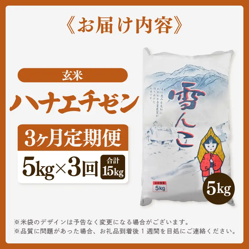 【先行予約】【令和8年産・新米】定期便 ≪3ヶ月連続お届け≫ ハナエチゼン 5kg × 3回（計15kg）【2026年10月中旬以降順次発送】【玄米】 [e26-c002_02]