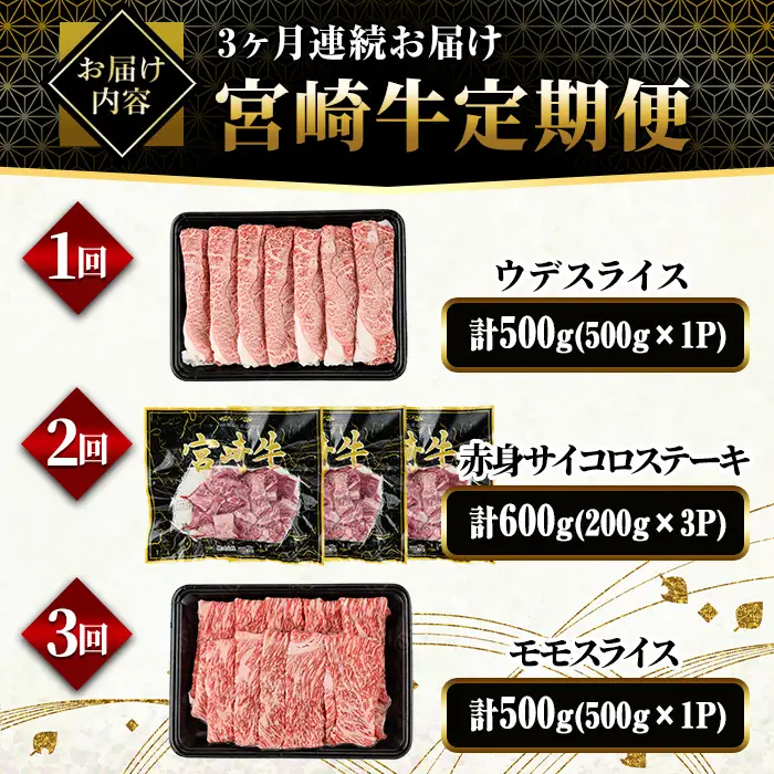 【定期便・全3回(連続)】宮崎牛お楽しみ定期便A 黒毛和牛 冷凍 国産 【YM-18】【YAMATO株式会社】