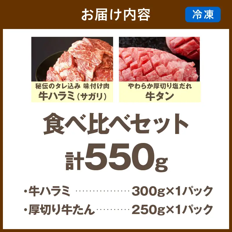 【訳あり】牛ハラミ（サガリ） 秘伝のタレ込み 味付け肉＆やわらか厚切り 塩だれ牛タン 食べ比べセット 計550g（2026年1月上旬～発送）
