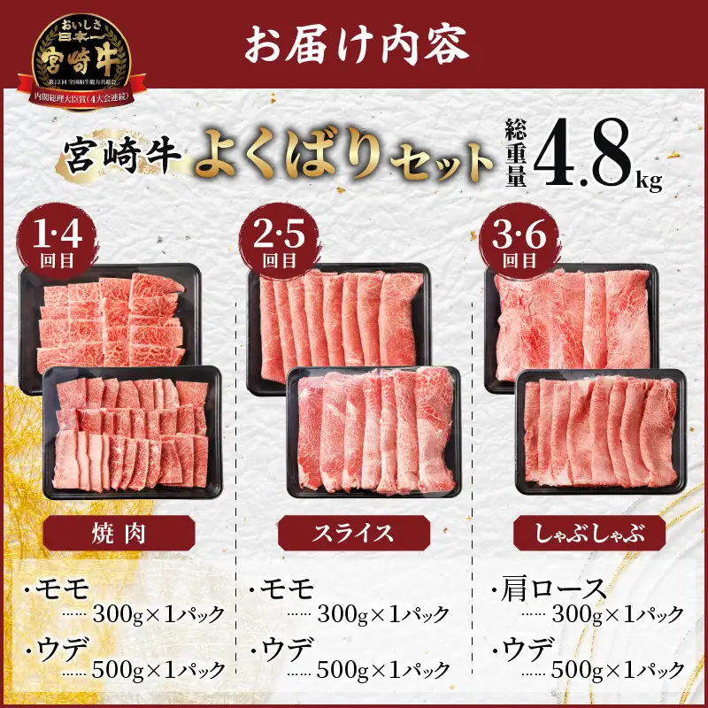 6か月お楽しみ定期便『宮崎牛よくばりセット』総重量4.8kg 肉 牛 牛肉 おかず 国産_T030-1846