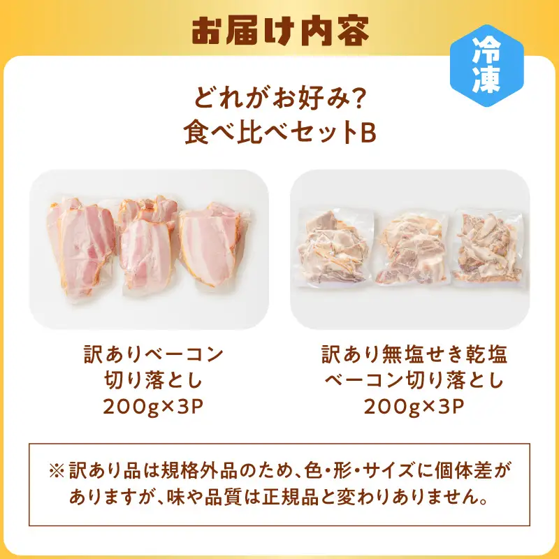 【 訳あり 】 どれがお好み？食べ比べセットB（ 訳あり切り落としベーコン ・ 訳あり無塩せき乾塩ベーコン切り落とし ） K161-026b 肉 豚肉 冷凍