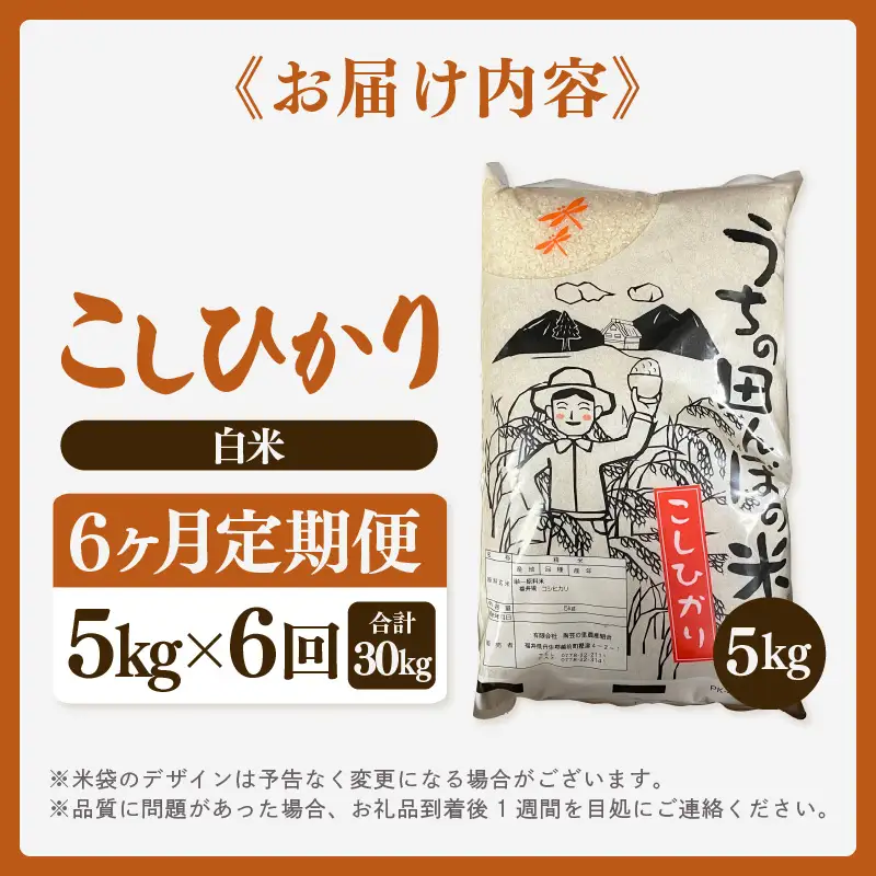 【先行予約】【令和8年産・新米】定期便 ≪6ヶ月連続お届け≫ こしひかり 5kg × 6回（計30kg）【2026年10月中旬以降順次発送】 [e26-h002_02]