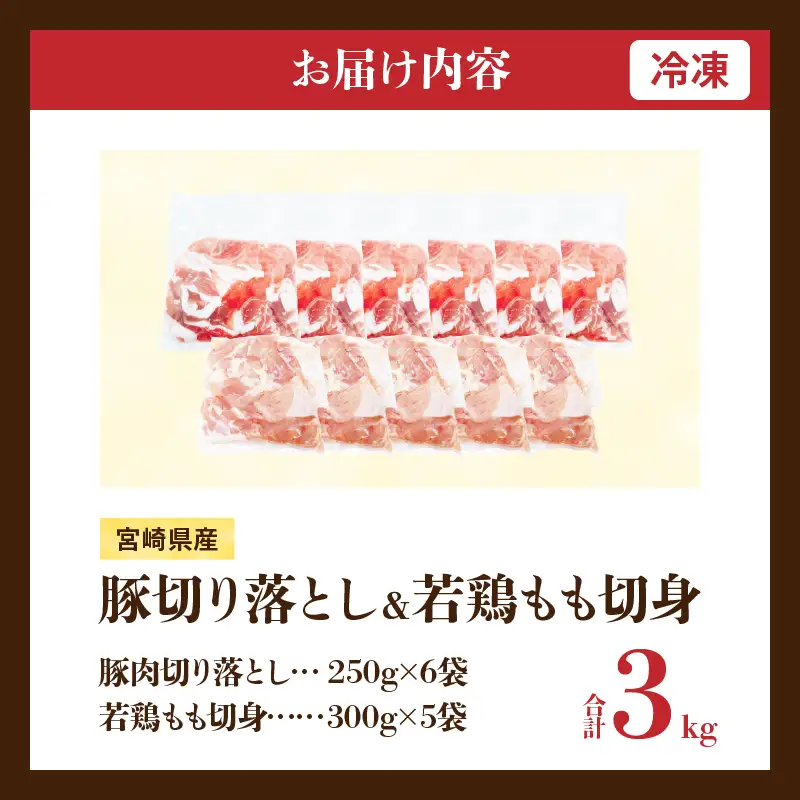 宮崎県産 豚肉切り落とし＆若鶏もも切身セット 合計3kg 肉 豚 鶏肉 小分け 真空パック 国産 食品 万能食材 豚丼 焼肉 から揚げ とり天 炒め物 おかず お弁当 おつまみ 詰め合わせ 食べ比べ おすすめ 冷凍 宮崎県 日南市 送料無料_BD109-25