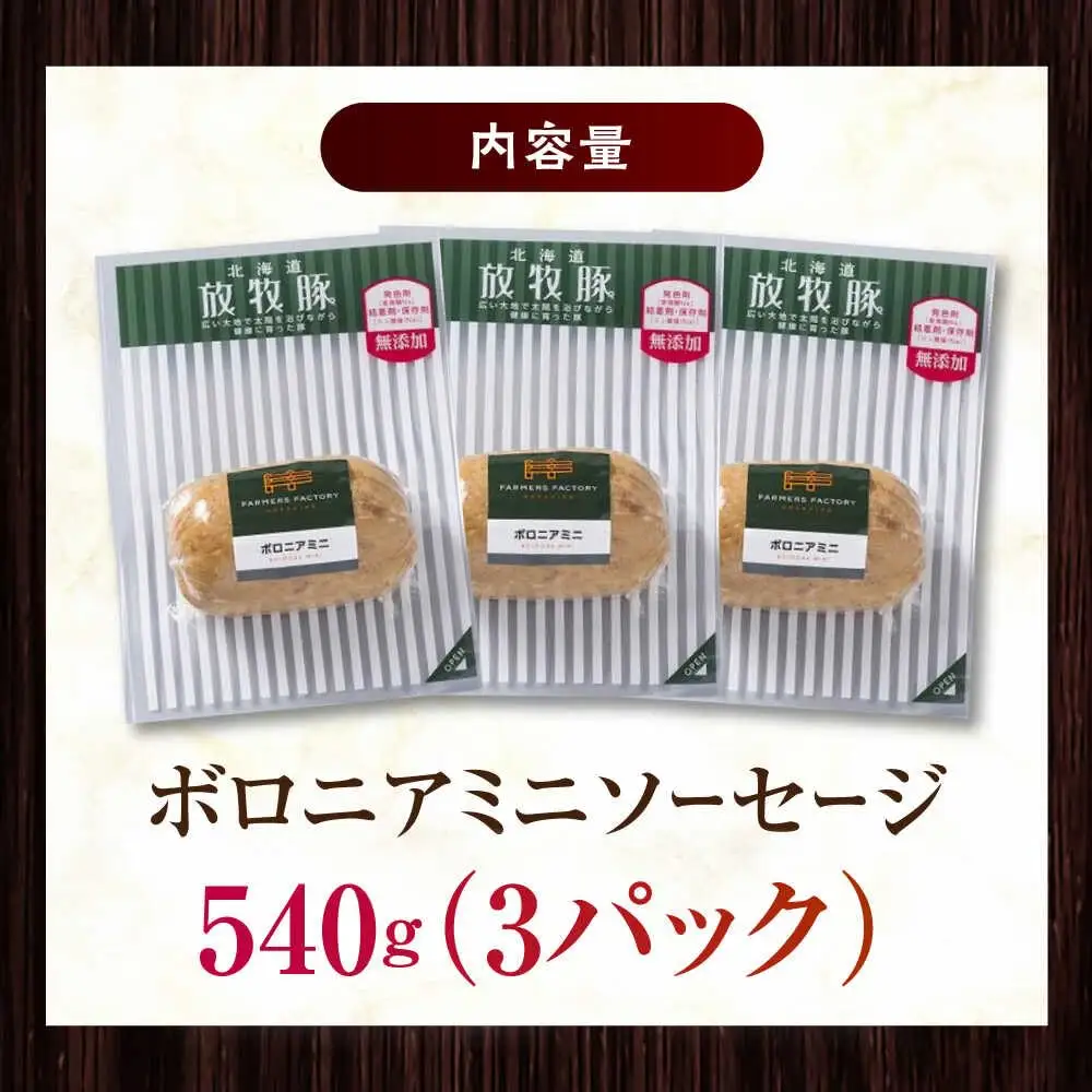 放牧豚 ボロニアミニソーセージ 計540g（180g×3） 豚肉 ソーセージ 無添加 無塩せき 北海道 [AXBA106]