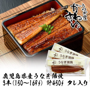 ＜うなぎ屋かわすい＞鹿児島県産 国産 うなぎ 蒲焼 タレ 鰻 うな重 かばやき 計450g 以上 150～169g×3本 【川口水産】A855