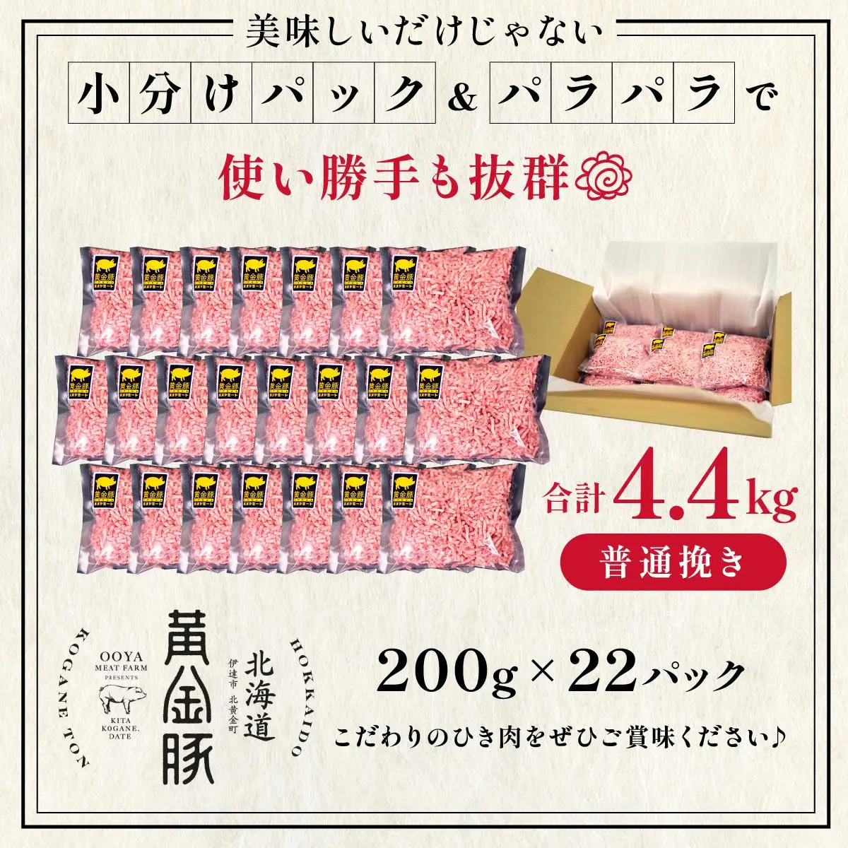 ＜黄金豚＞ブランドポーク 北海道 豚ひき肉 普通挽き 200g 22パック 計4.4kg