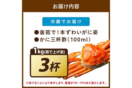 【大好評！カニ酢付き】訳あり！釜茹で！特大本ずわいがに姿 1kg×3杯