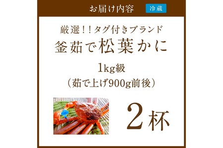 【厳選！！タグ付きブランド】茹で松葉かに 鮮度抜群、釜茹でにてお届け！！ 1kg級×2杯　国産 海産物 甲殻類 かに ずわいがに 松葉かに 茹で ボイル 京都 京丹後 海鮮 ふるさと納税 かに まつばがに 松葉ガニ 海祥 送料無料