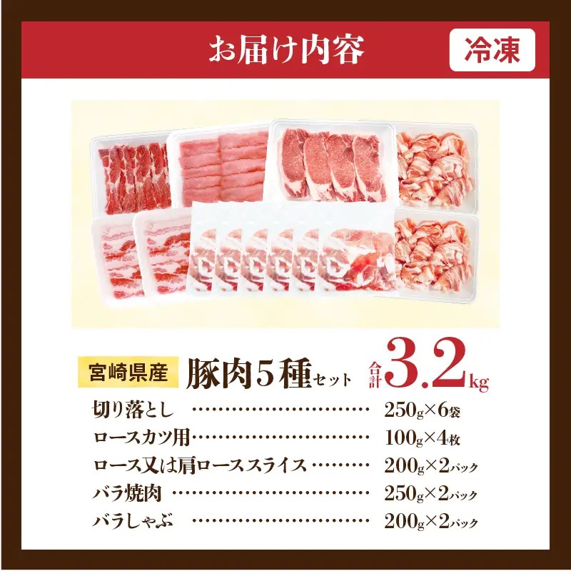 宮崎県産 豚肉 5種 セット (合計3.2kg) 国産 食品 豚バラ 切り落とし ロース スライス 焼肉 BBQ しゃぶしゃぶ 生姜焼き とんかつ ソテー 豚丼 野菜炒め 冷しゃぶ 個包装 小分け おすすめ おかず お弁当 晩ご飯 手軽 便利 ギフト 贈り物 冷凍 日南市 送料無料_CD73-25