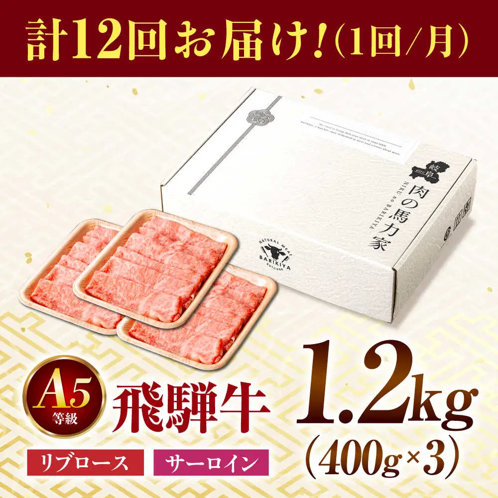 【12回定期便】飛騨牛サーロイン・リブロース 1.2kg(400g×3パック) すき焼きしゃぶしゃぶ用肉 [AVBO029] カルビ 牛肉