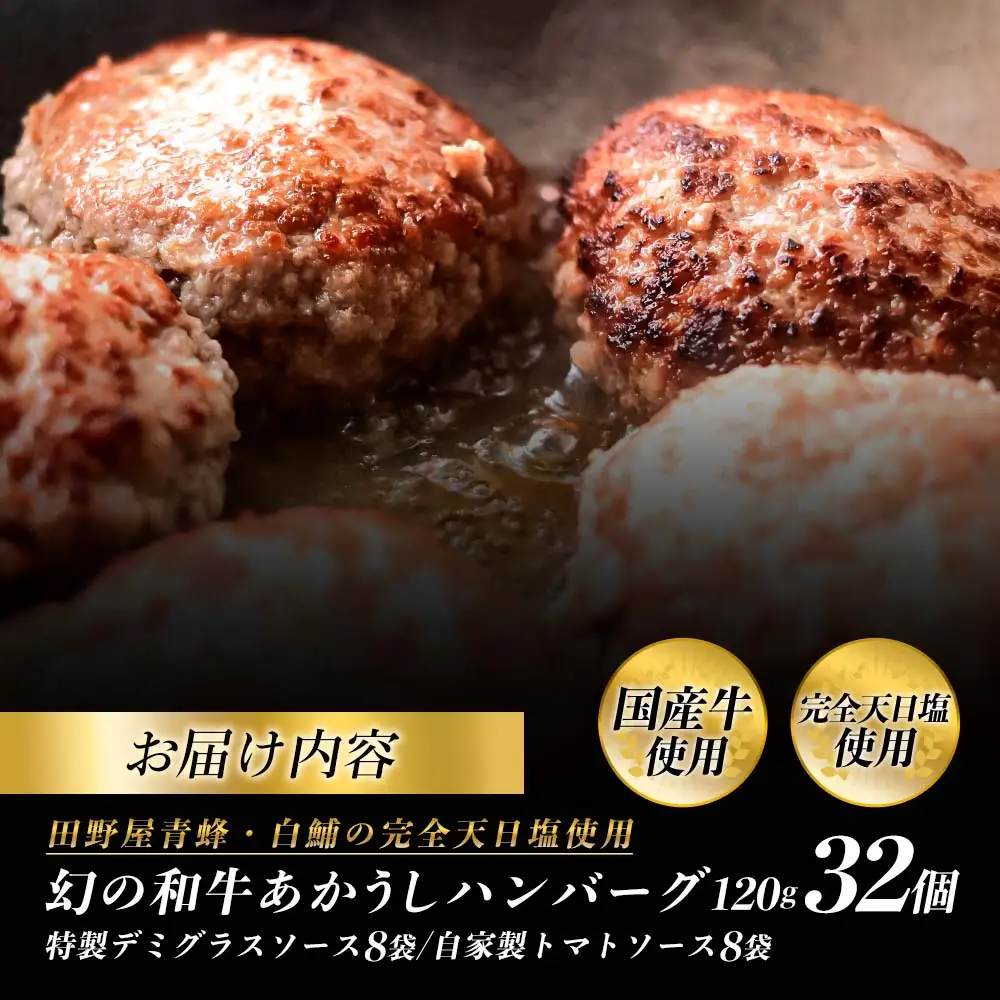 幻のあかうし和牛ハンバーグ 32個入り 1個120g 特製デミソース トマトソース付き 田野屋青蜂 白鯆 完全天日塩練り込み