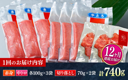 【全12回定期便】対馬産 本マグロ 740g（赤身300g、中トロ300g、切り落とし140g） ≪対馬市≫【桐谷商店】 トロの華 対馬 新鮮 マグロ 赤身 トロ 切り落とし 鮪 刺身[WAQ082]