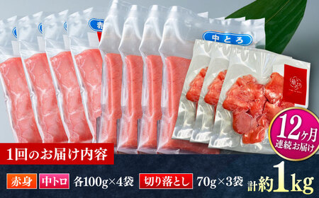【全12回定期便】対馬産 本マグロ 約1kg（赤身400g、中トロ400g、切り落とし210g） ≪対馬市≫【桐谷商店】 トロの華 対馬 新鮮 マグロ 赤身 トロ 切り落とし 鮪 刺身[WAQ086]