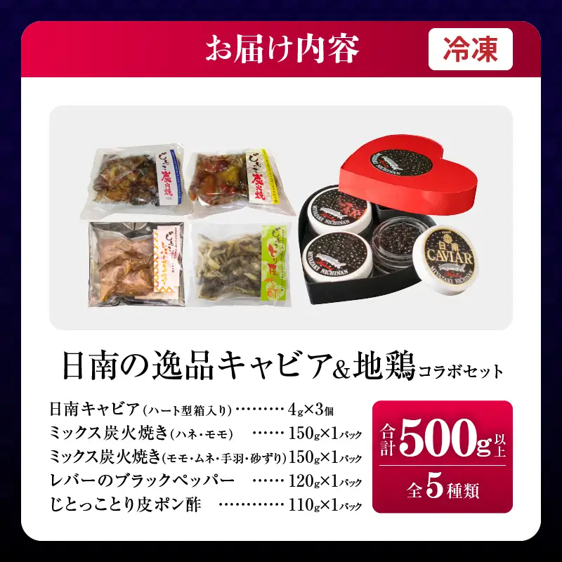 数量限定 日南の逸品 キャビア＆地鶏 コラボセット (全5種類) 炭火焼 地頭鶏 三大珍味 高級 黒いダイヤ 魚卵 魚介 魚貝 国産 食品 加工品 惣菜 簡単調理 プレゼント 贈り物 ギフト ご褒美 お祝い 記念日 パーティー お取り寄せ グルメ 宮崎県 日南市 送料無料_DD16-25
