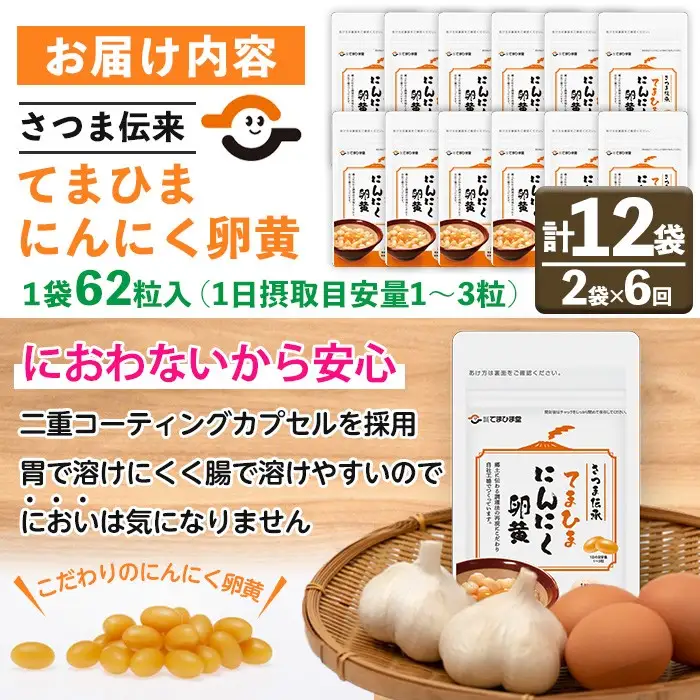 No.1278-B ＜定期便・全6回(隔月)＞てまひま にんにく卵黄(1袋 62粒入・2袋×6回) 鹿児島 日置市 ニンニク 健康食品 栄養 元気 有精卵 カプセル 安全安心 選べる 定期便 頒布会 サプリメント【てまひま堂】