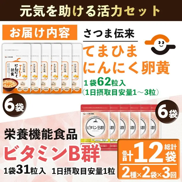 No.1298-A ＜定期便・全3回(隔月)＞活力セット(てまひま にんにく卵黄・ビタミンB群/各2袋×3回 計12袋) 鹿児島 日置市 ニンニク 健康食品 加工食品 栄養 元気 有精卵 カプセル 手軽に 安全安心【てまひま堂】
