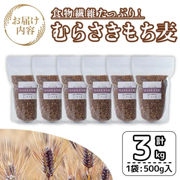  むらさきもち麦 (計3kg ・500g×6袋) 常温 もち麦 紫もち麦 食物繊維 大麦 小分け 国産 【opas001】【らいむ工房】