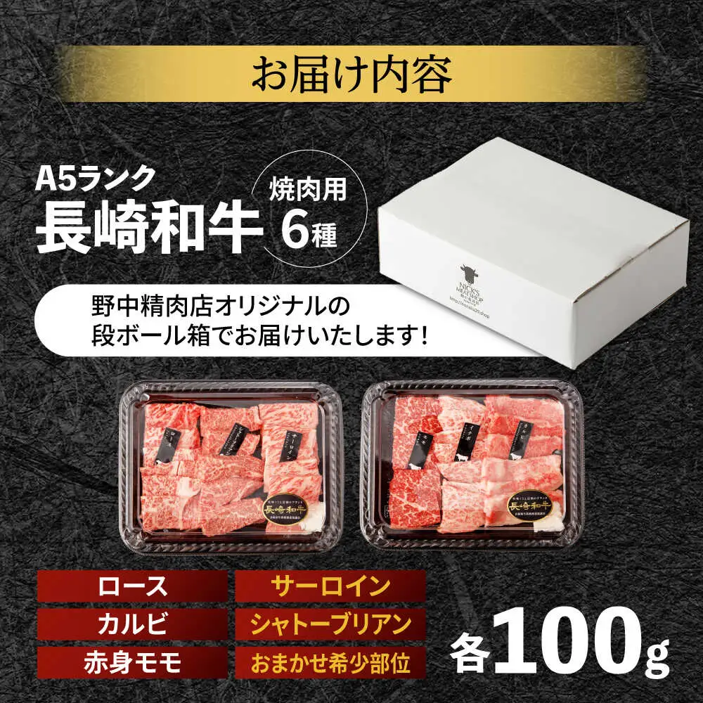 〈シャトーブリアン入り〉希少部位 焼肉 6種食べ比べセット 600g(各100g) / シャトー サーロイン カルビ モモ ロースザブトン ミスジ トモサンカク イチボ ランプ 長崎和牛 国産 牛肉 和牛 a5 焼肉 やきにく 焼き肉用 セット / 諫早市 / 野中精肉店[AHCW146]