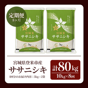 ≪令和8年産≫【8回定期便】ササニシキ 計80kg (10kg×8回配送) 登米市産 お米 おこめ 米 コメ 白米 ご飯 ごはん おにぎり お弁当 8か月 頒布会【登米ライスサービス株式会社】tm487