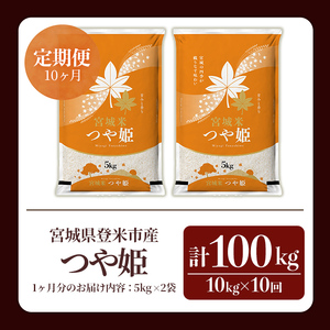 ≪令和8年産≫【10回定期便】つや姫 計100kg(10kg×10回配送) 登米市産 お米 おこめ 米 コメ 白米 ご飯 ごはん おにぎり お弁当 10か月 頒布会【登米ライスサービス株式会社】tm492