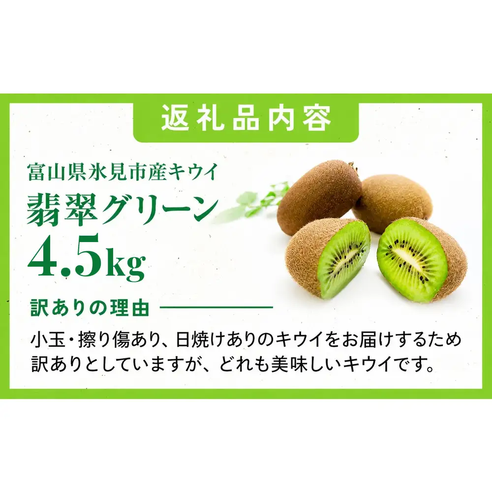 訳あり翡翠グリーン4.5kg（小玉、擦り傷、日焼け） 数量限定 希少 国産 甘い 氷見キウイランド 富山県 氷見市

