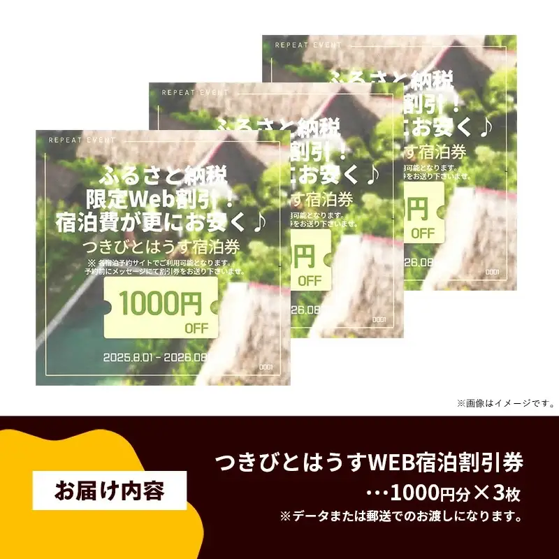 幸手市 民泊つきびとはうす Web宿泊割引券 3000円分（1000円 × 3枚） - 宿泊券 宿泊利用券 宿泊補助券 宿泊割引券 チケット 休息 宿泊 旅 旅行 民泊 おすすめ 権現堂 桜の名所 埼玉県 幸手市