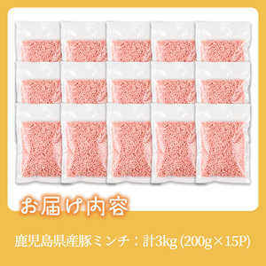 豚ミンチ15袋詰合せ 計3kg(200g×15P) 鹿児島県産 豚 ミンチ【株式会社南給】A959