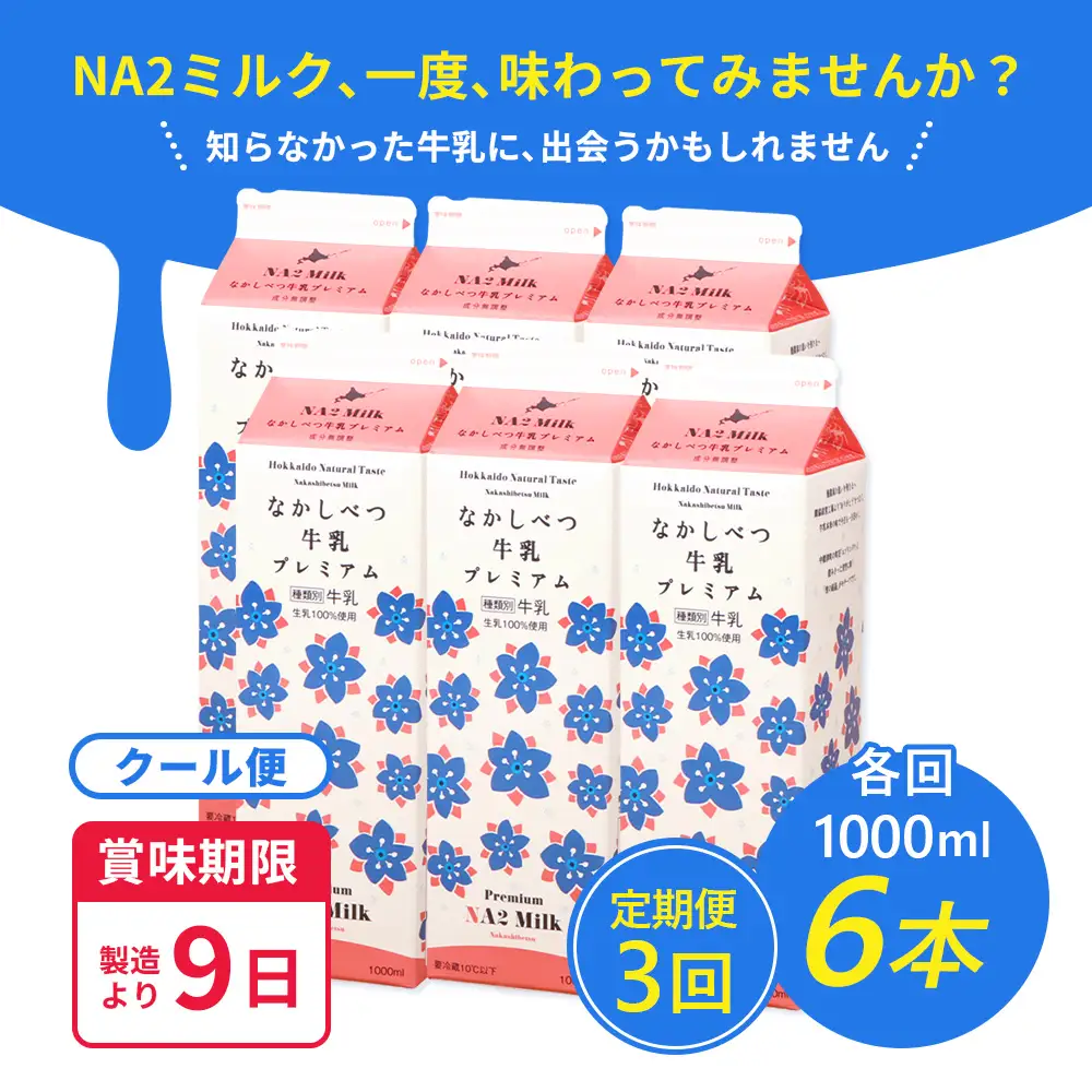 【定期便：全3回】なかしべつ牛乳プレミアム NA2 MILK 1000ml×6本【1405101】