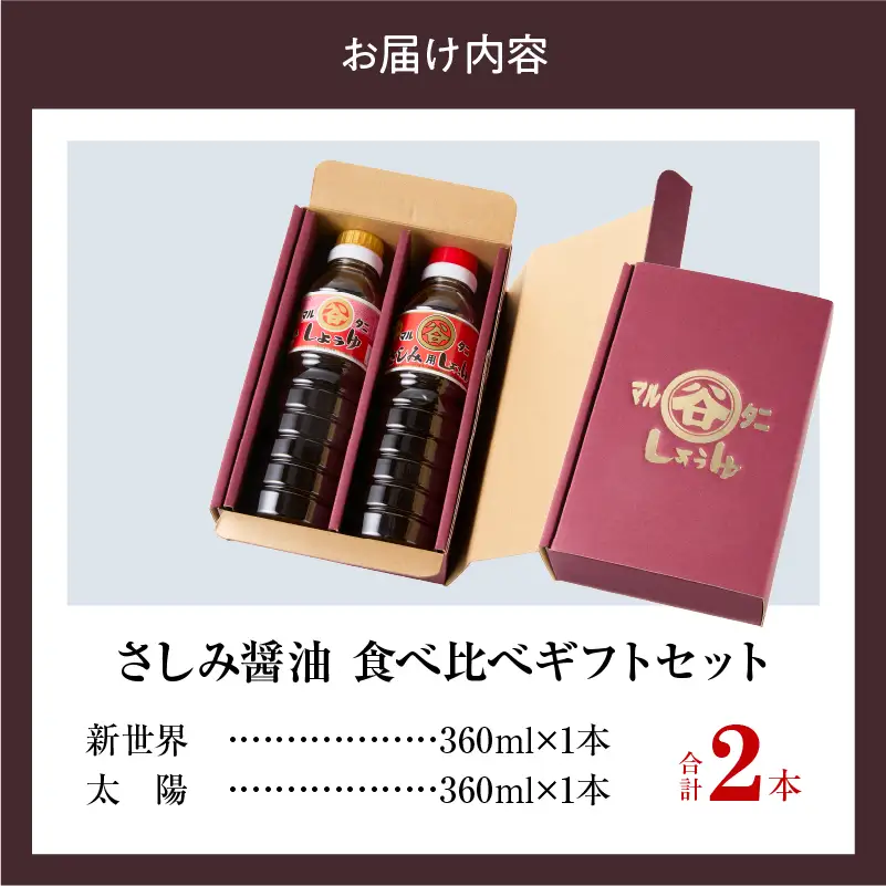 さしみ醤油 食べ比べギフトセット(合計2本) 食品 加工品 調味料 しょうゆ 2種 オリジナルBOX入り 人気商品 新世界 太陽 魚料理 肉料理 野菜料理 卵かけご飯 餅 刺身 煮物 詰め合わせ おすすめ プレゼント 贈り物 おすそ分け 宮崎県 日南市 送料無料_AV4-25