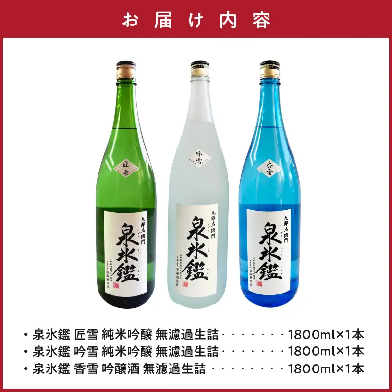 米沢 地酒 一升瓶 3本 セット 富久鶴 九郎左衛門 泉氷鑑 純米吟醸 吟雪 純米吟醸 匠雪 吟醸 香雪 1,800ml×各1本