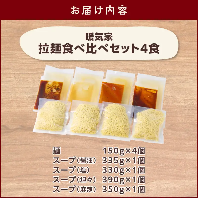 暖気家 拉麺 食べ比べ セット 4食 （ 醤油 、 塩 、 坦々 、 麻辣 各1食 ） K036-019