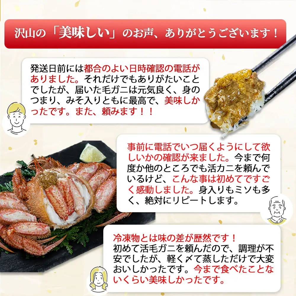 fn-40-016【出荷前にお電話します！】 活毛ガニ 3杯 （260g～360g×3） 三陸産【令和9年2月上旬～4月頃お届け】ヤマコー片桐鮮魚店