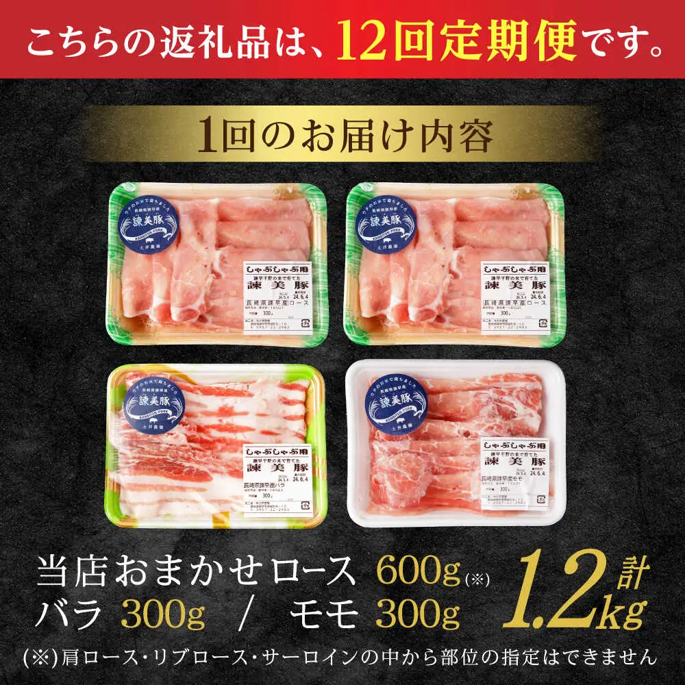 【12回定期便】諫美豚 しゃぶしゃぶ用 計14.4kg(ロース600g・バラ300g・モモ300g) / 豚肉 ぶたにく ろーす ばら もも しゃぶしゃぶ パック 小分け / 諫早市 / 株式会社土井農場[AHAD107]
