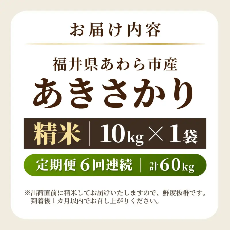 【令和7年産】定期便 ≪6ヶ月連続お届け≫ あきさかり 精米 10kg × 6回（計60kg） ／ 福井県産 ブランド米 ご飯 白米 お米 コメ 新鮮 [aw012-k009]