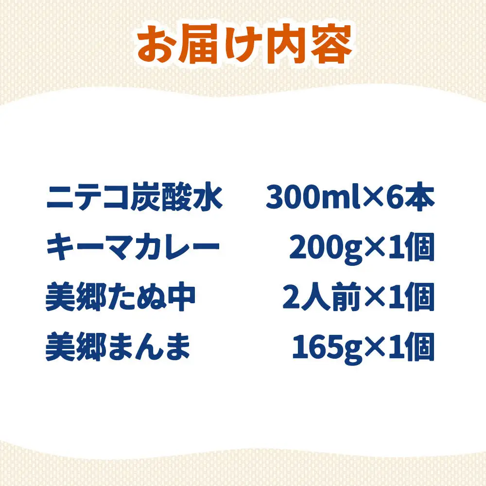 ニテコ炭酸水6本とたぬ中・キーマカレー・美郷まんまのセット 炭酸飲料 カレー キーマカレー レトルト 中華麺 まぜごはん