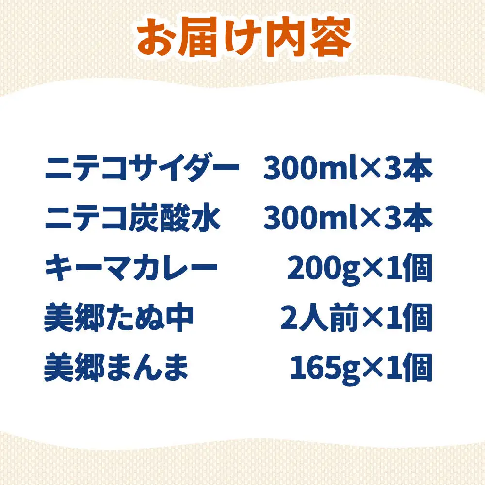 ニテコサイダー3本・ニテコ炭酸水3本とたぬ中・キーマカレー・美郷まんまのセット 炭酸飲料 カレー キーマカレー レトルト 中華麺 まぜごはん
