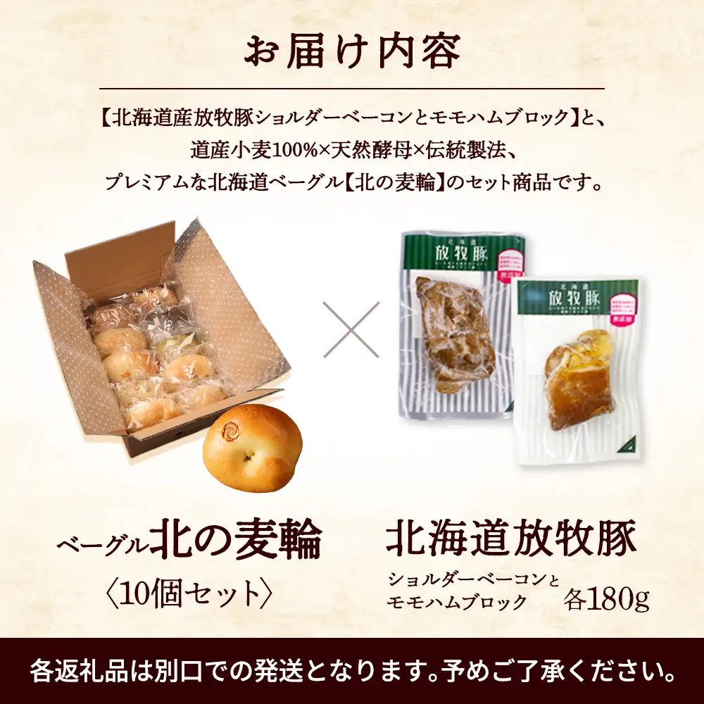 「北海道放牧豚ショルダーベーコンとモモハムブロック」とトモヱベーグル「北の麦輪」10個セット【C9903101】
