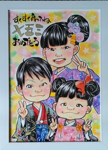 似顔絵ギフト～A4 ３名様～「額付き」「手描き水彩画」 イラスト にがおえ 手書き 水彩画 絵の具 絵 飾り 誕生日 七五三 ペット 犬 猫 結婚 記念日 ギフト 贈り物 プレゼント H201-003