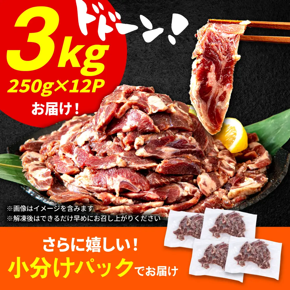 極上塩うまタレ 味付け牛タン 3kg(250g×12) 細切れ 小分け 吉野ヶ里町/やきとり紋次郎[FCJ108]