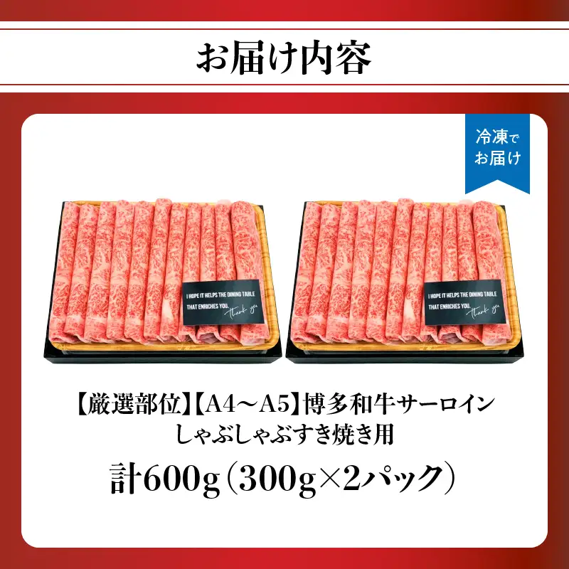 【厳選部位】【A4～A5】博多和牛サーロインしゃぶしゃぶすき焼き用 600g(300g×2p) 肉 お肉 和牛 博多和牛 黒毛和牛 サーロイン 贅沢 逸品 濃厚 旨み とろける しゃぶしゃぶ すき焼き 贈り物 化粧箱 福岡県 八女市 214-030